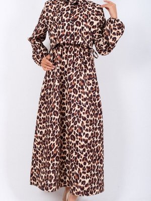 Vizon Üstü Detaylı Leopar Desenli Gömlek Elbise