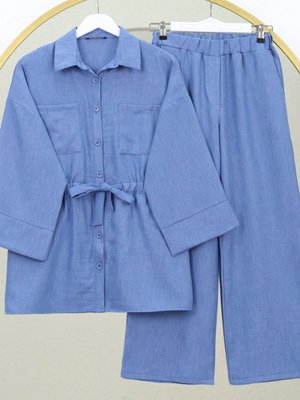 İndigo Çift Cepli Tünel Bağcıklı Pantolonlu İkili Takım