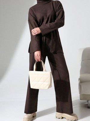 Kahve Yarım Boğazlı Kuşaklı Fitilli İkili Takım