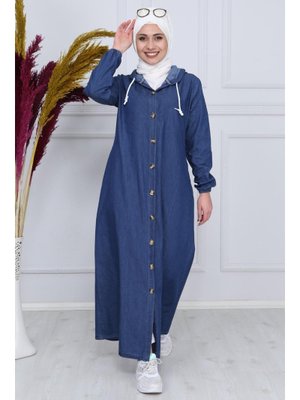Boydan Düğmeli Kapüşonlu Koyu Mavi Kot Elbise