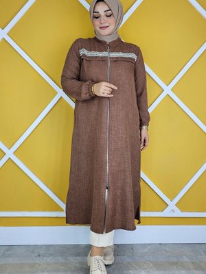 Kahverengi Dantel Şerit Detaylı Kap