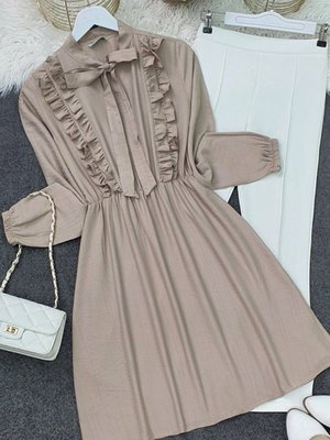 Açık Vizon Yakası Bağcıklı Fırfırlı Ayrobin Tunik