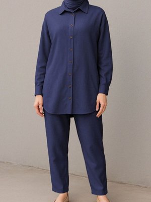 Lacivert Boydan Düğmeli Pantolon Gömlek Keten İkili Takım