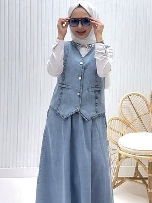 Buz Mavi V Yaka Yelekli Etekli Kot İkili Takım