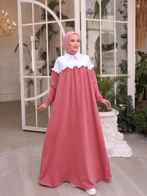 Pudra Ankanoor Robası Fırfırlı Garnili Iki İplik Elbise Pudra Ankanoor Robası Fırfırlı Garnili Iki İplik Elbise