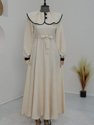 Bej Yakası Biyeli Keten Elbise