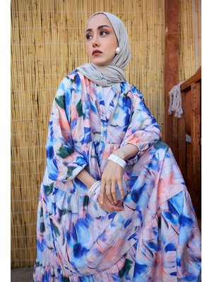 Saks Mavi Renkli Desen Elbise Saks Mavi Renkli Desen Elbise