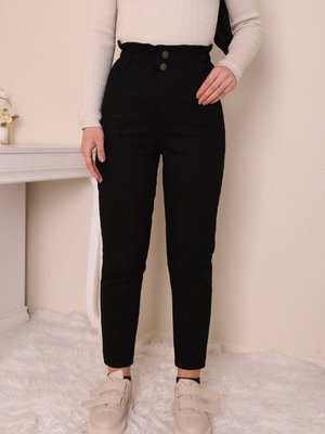 Siyah Beli Lastikli Yüksek Bel Kot Pantolon