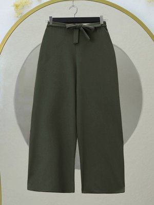 Haki Beli Lastikli Bağlamalı Bol Paça Pantolon Haki Beli Lastikli Bağlamalı Bol Paça Pantolon