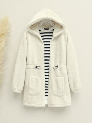 Ekru Beli Lastikli Kapüşonlu Fermuarlı Peluş Mont