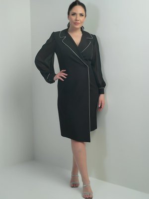 Siyah Kruvaze Yaka Kolları Şifon Tek Düğmeli Büyük Beden Kısa Elbise
