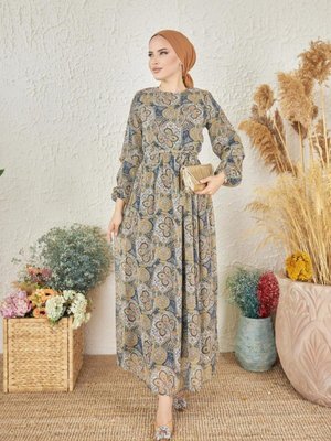 Lacivert Ankanoor Etnik Desenli Şifon Elbise