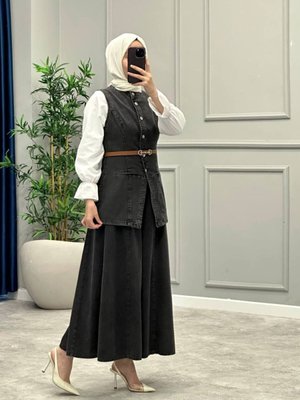 Siyah Uzun Yelekli Pantolonlu Denim İkili Takım