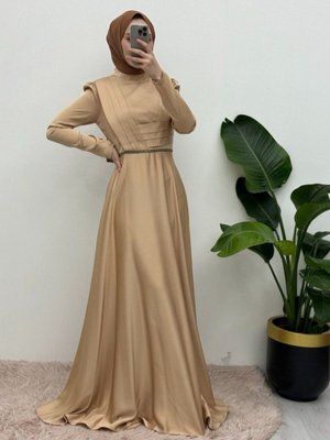 Açık Vizon Önü Drapeli Beli Boncuk Detaylı Saten Abiye Elbise