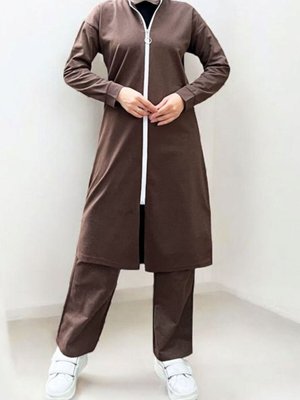 Kahve Yakası Biyeli Boydan Fermuarlı İki İp Penye İkili Takım