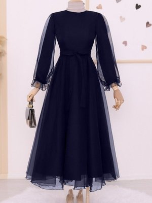 Lacivert Kabarık Kol Ve Etekli Kuşaklı Tül Abiye Elbise