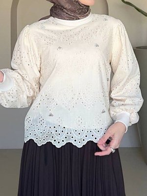 Bej Yuvarlak Yaka Taşlı Astarlı Tunik Bej Yuvarlak Yaka Taşlı Astarlı Tunik