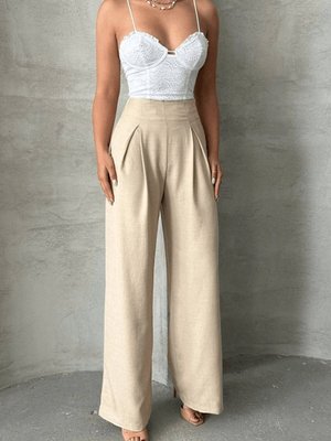 Bej Pileli Keten Pantolon