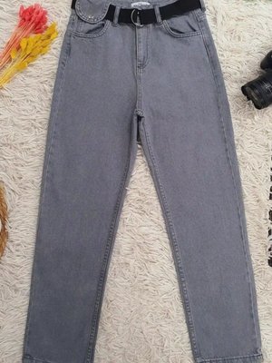 Gri Metal Tokalı Kemerli Çıt Detaylı Kot Pantolon