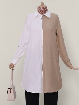 Ekru Çift Renkli Fermuarlı Kolu Katlamalı Tunik Ekru Çift Renkli Fermuarlı Kolu Katlamalı Tunik