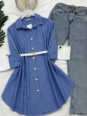 Mavi Metal Düğmeli Kemerli Çizgili Tunik