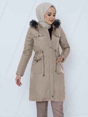 Taş Çıkma Kapüşonlu Bağcıklı Bondit Kısa Kaban