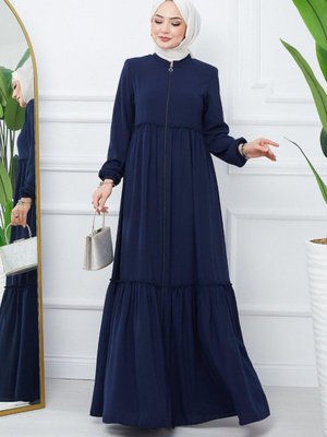 Lacivert Parçalı Kolu Lastikli Boydan Fermuarlı Ferace