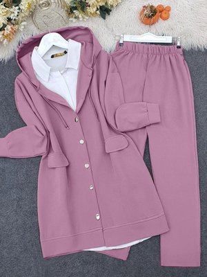 Pembe Kapüşonlu Kapaklı Cepli Pantolonlu İkili Takım