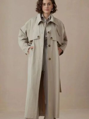 Krem Düğmeli Yelekli Pamuklu Canvas Trençkot