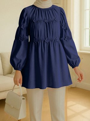 Lacivert Kolu Lastikli Çiçek Detaylı Tunik