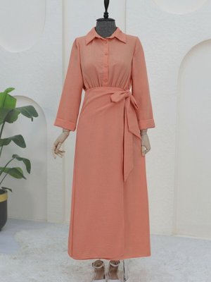 Somon Eteği Bağlama Detaylı Beli Lastikli Keten Elbise