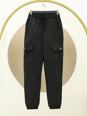 Siyah Beli Ve Paçası Lastikli Bağcıklı Kargo Kot Pantolon
