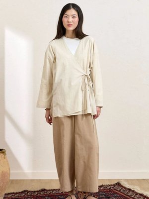 Karamel Organik Keten Bağlamalı Tunik & Şalvar Pantolon Takım