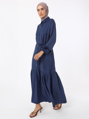 İndigo Keten Görünümlü Boydan Düğmeli Elbise