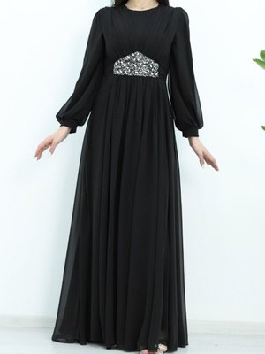 Siyah Önü Drapeli Beli Bağlamalı Taş Detaylı Abiye Elbise