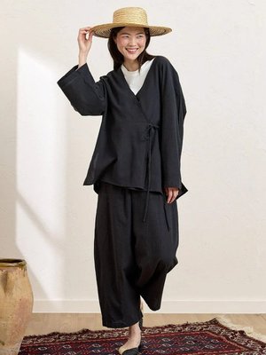 Siyah Organik Keten Bağlamalı Tunik & Şalvar Pantolon Takım