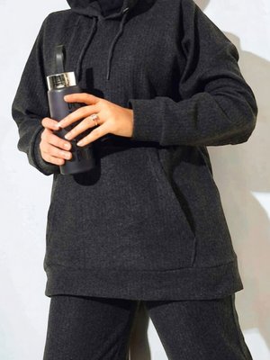 Antrasit Kapüşonlu Kanguru Cepli Fitilli İkili Takım