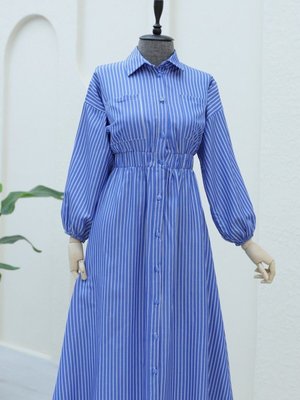 Koyu Mavi Önden Düğmeli Beli Lastikli Çizgili Elbise