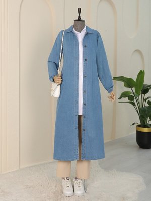 Mavi Kolu Lastikli Boydan Düğmeli Kot Kap