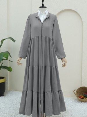 Açık Gri Boydan Fermuarlı Kolu Lastikli Parçalı Ayrobin Ferace