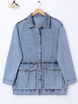 Buz Mavi Yaka Ve Ceplerinde Taş İşlemel Kot Ceket