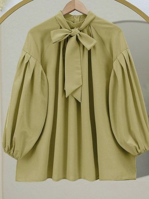 Yağ Yeşili Yakası Bağcıklı Kolu Lastikli Tunik