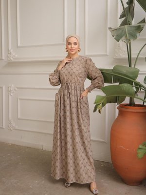 Bej Ankanoor Bel Lastikli Etnik Desen Fişek Elbise