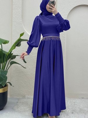 Saks Kol Manşeti Fermuarlı Taşlı Kemerli Saten Abiye Elbise