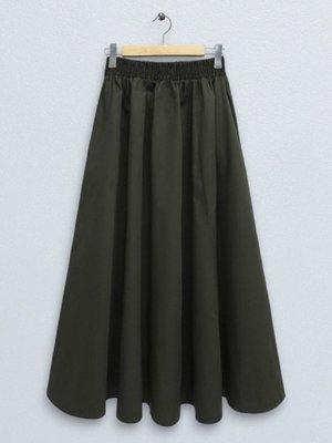Haki Beli Lastikli Çift Cepli Poplin Kloş Etek