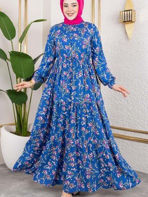 İndigo Asel Çiçekli Viskon Elbise