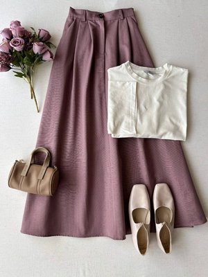 Lila Ekru Keten Tek Düğmeli Etek & Body Takım Soft