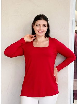 Kırmızı Büyük Beden Likralı U Yaka Bluz