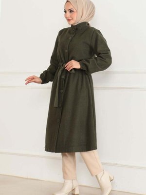 Haki Düğme Detaylı Kaşe Kaban