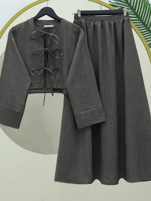 Antrasit Önü Bağcıklı Beli Lastikli Etekli Keten İkili Takım